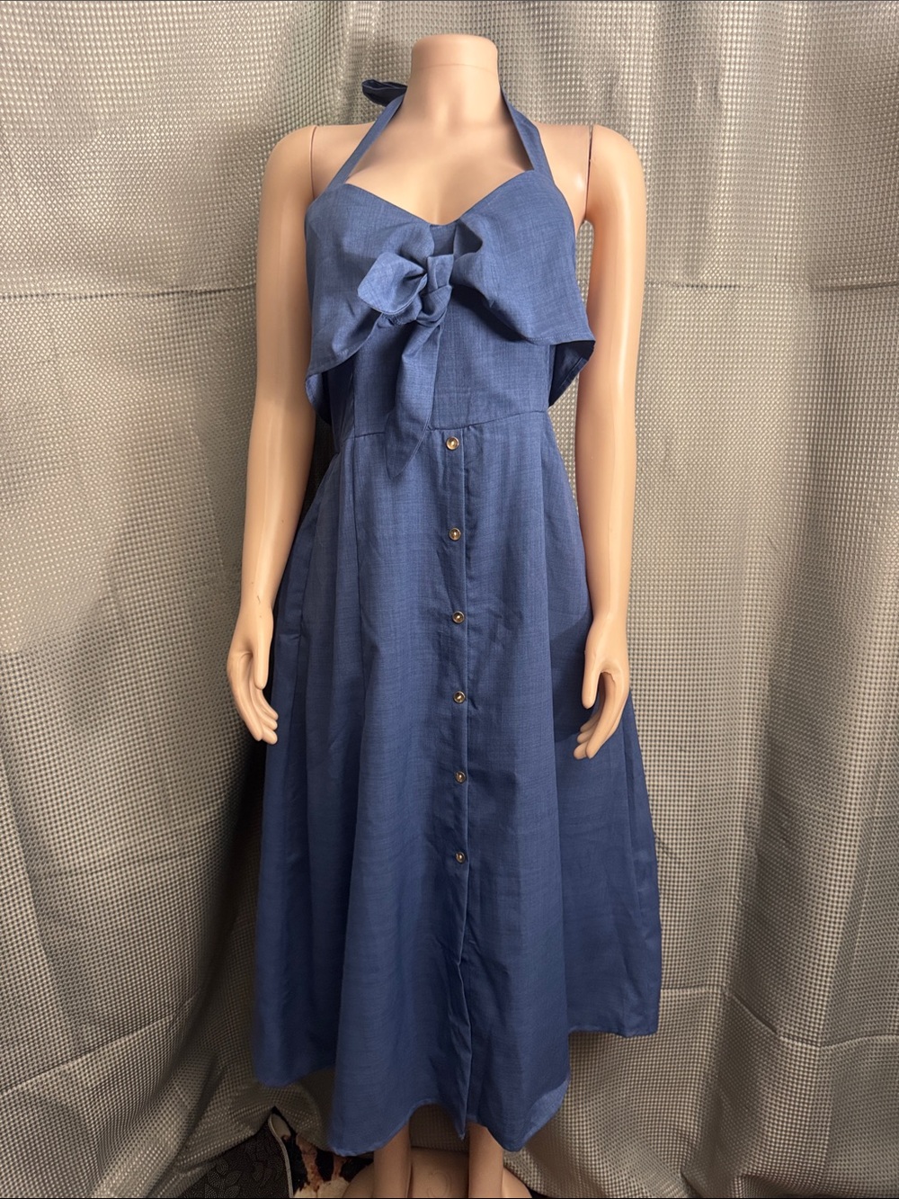 Halter Tie-Front Button-Down Midi Dress in Blue